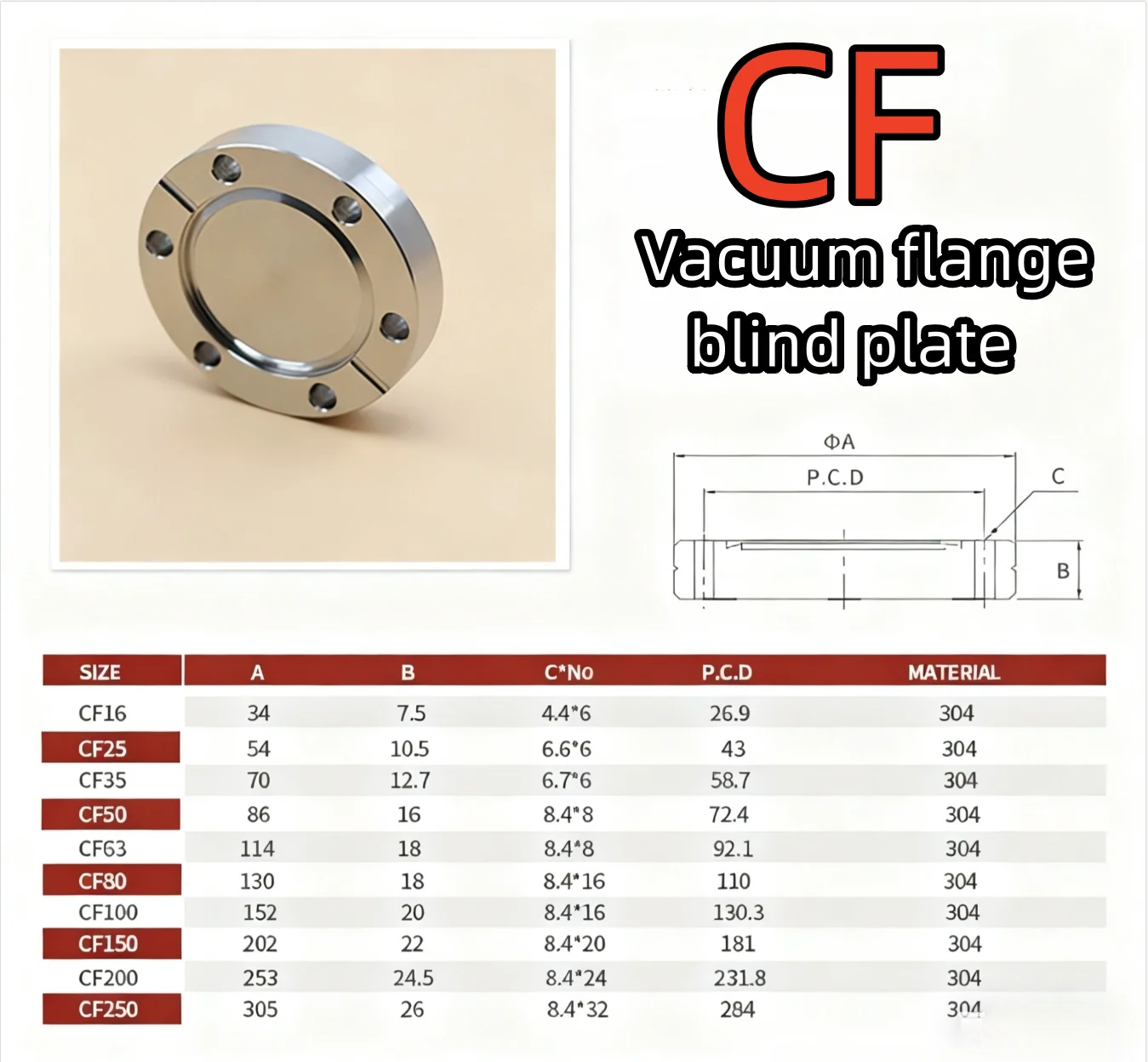 

CF16/25/35/50/63/80/100/150/200/250 CF vacuum flange blind plate, CF high vacuum stainless steel flange, 304 stainless steel.