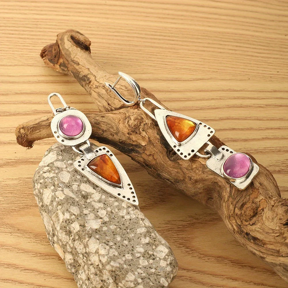 Geometric Punk Simple Pendant Earrings, Vintage Inlaid With Orange And Purple Gems, Suitable For Women\'s Banquet Memorial Gifts