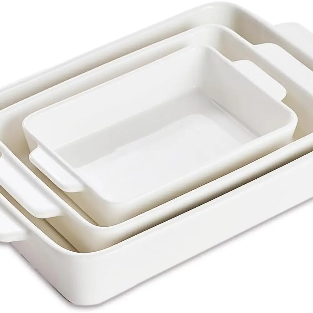 

Set of 3 White Porcelain Casserole Dishes, 15.7, 12.3, 9.4, Large Lasagna Pans with Handles, Deep Ceramic Bakeware for Oven Cook