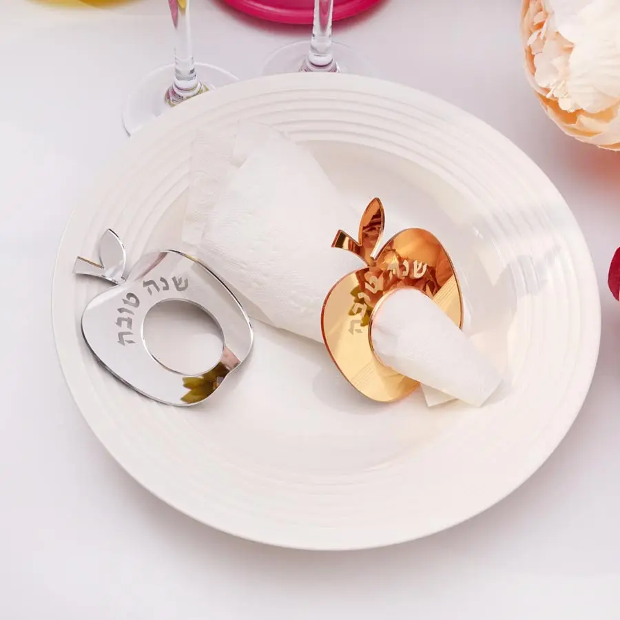 12pcs Mirror Acrylic Apple Napkin Ring Table Decor with Hebrew Letter Gold Silver Wedding Party Place Setting Rosh Hashanah Gift