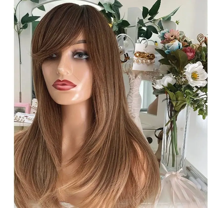 Ombre Blond Bruin Gelaagde Steil Haar Pruik Met Pony Lace Front Pruiken voor Vrouwen Synthetische Lace Front Pruiken Preplucked Haarlijn