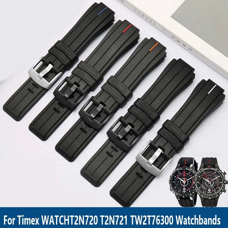 For Timex WATCHT2N720 T2N721 TW2T76300 watchband rubber black red line Waterproof silicone sports watch strap 24*16mm lug  band