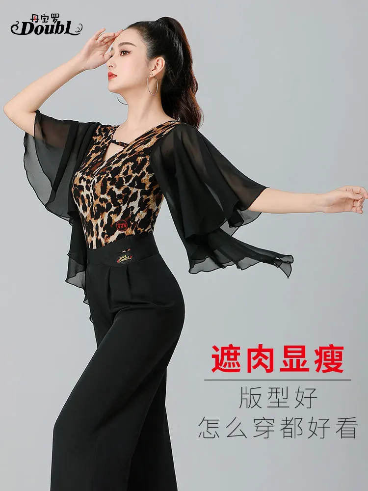 

2025 New Modern Dance Top Chiffon Elegant Ballroom Dancing Leopard Print Leotard Women's Latin Dance Top