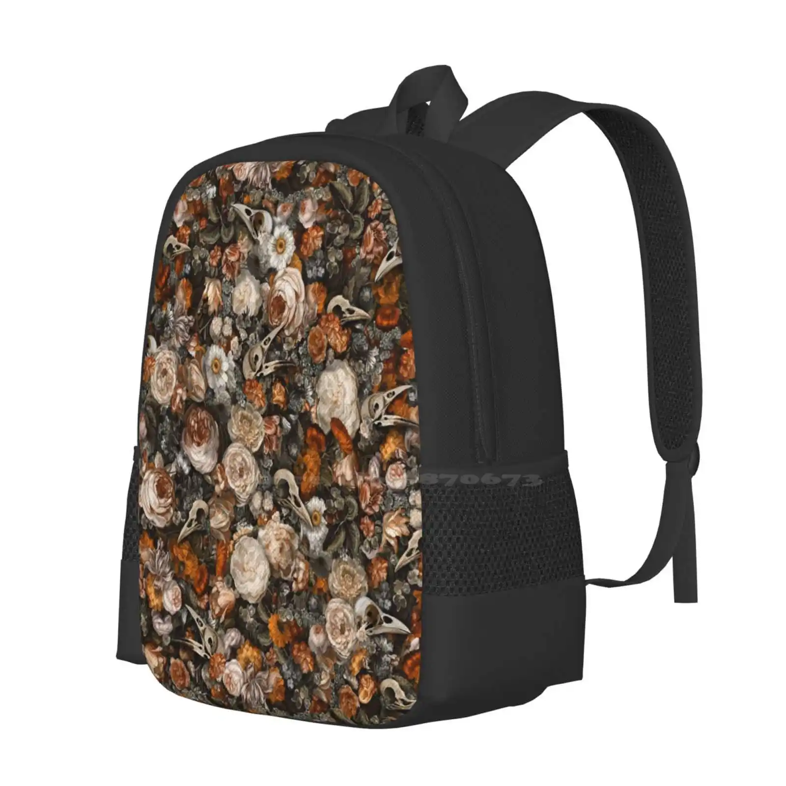 Baroque Macabre Hot Sale Backpack Fashion Bags Baroque Floral Golden Vintage Flower Halloween Rose Bird Skull Pattern Autumn