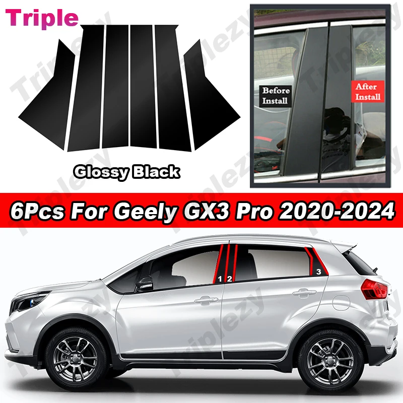 

6Pcs Glossy Piano Black/Carbon Fiber Style Car B C Pillar Posts Window Door Deal Cover Trim Sticker For Geely GX3 Pro 2020-2024