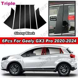 6Pcs Glossy Piano Black/Carbon Fiber Style Car B C Pillar Posts Window Door Deal Cover Trim Sticker For Geely GX3 Pro 2020-2024