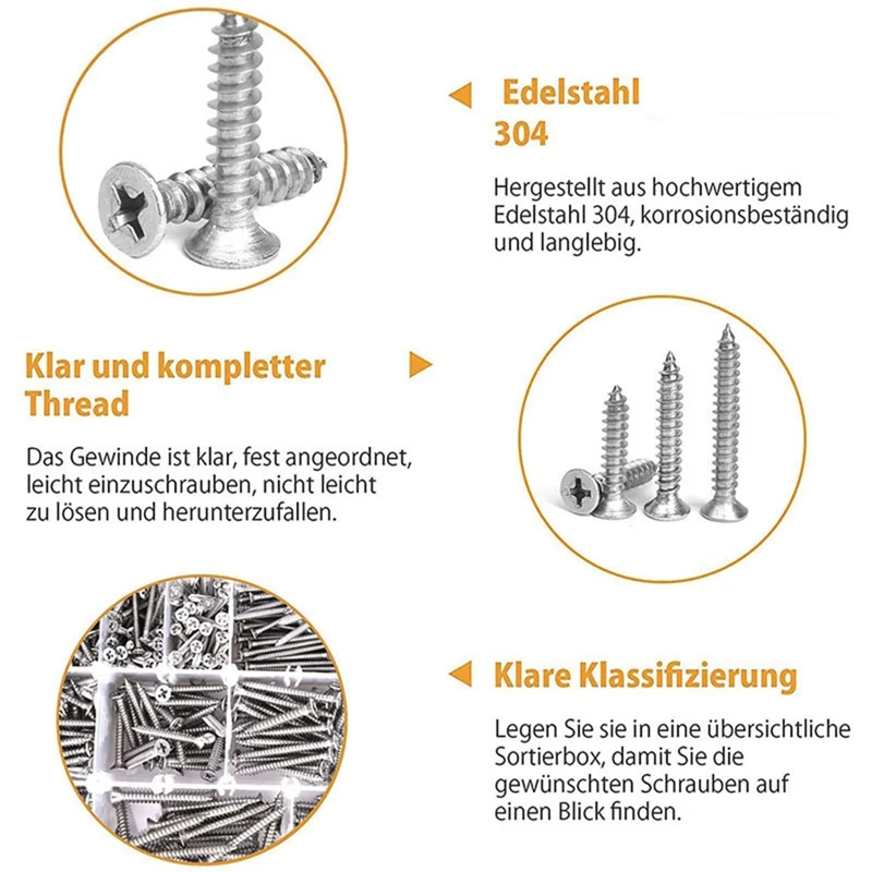 510PCS Wood Screws Assortment Kit Stainless Steel Self Tapping Screw Set Crosshairs Flat Head Sheet Metal Screws
