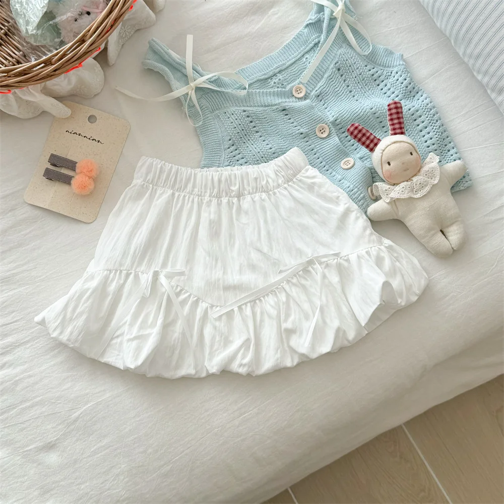 

Girls Knitted Hollow out Vest And Strap Set Summer Korean Sle Children's Faion Flower Bud Skirt Two Piece Set Trendy