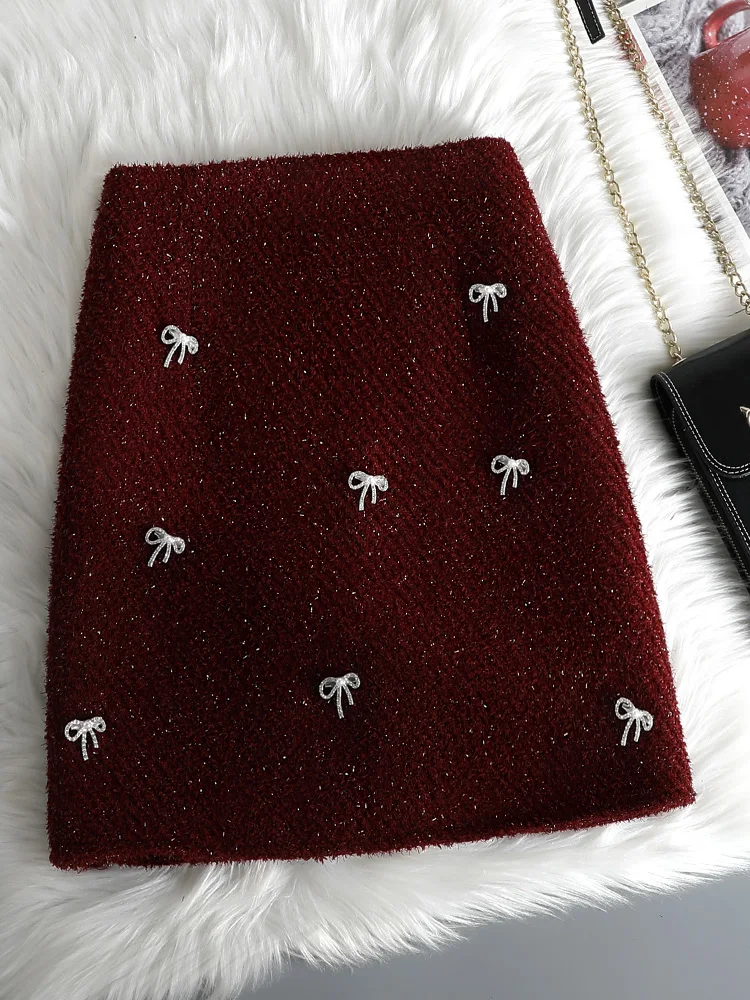 Elegant Bow Tweed Woolen Half Skirt for Women Autumn Winter New Anti Glare High Waist Slim Party Package Hips Skirts