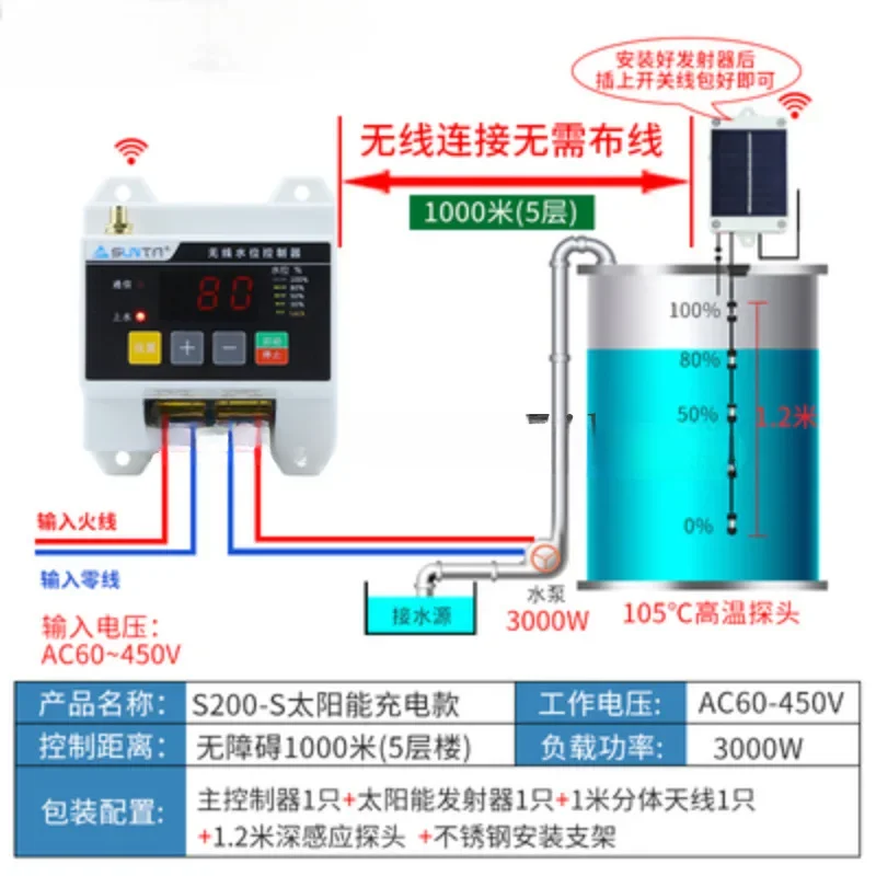 Wireless remote water level controller water pump  tank water tower 220V liquid level remote control float sensor switch