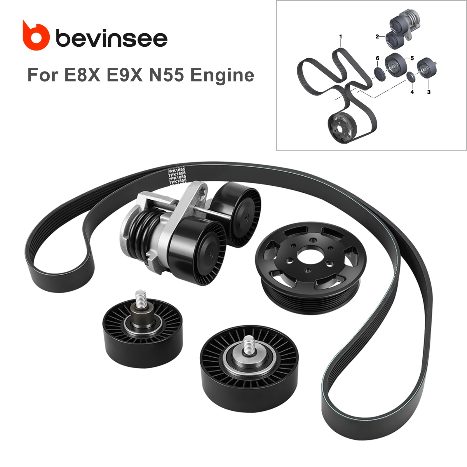 

For BMW N55 Drive Belt Pulley Tensioner Kit & Power Steering Pulley, for BMW E90 E92 E93 E91 335i 335xi E82 E88 135i 2010-2013