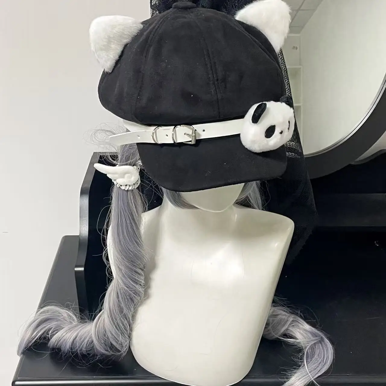 Subculture Gothic Punk Fluffy Hat Scarf Panda Doll Bone Decoration Chain Caps Y2K Cute Girl Winter Warm Earflap Hat Streetwear
