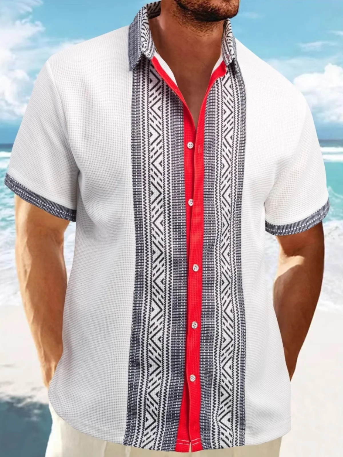 

Faionable повседневная молодежная летняя одежда с лацканами и принтом на пуговицах ort Sve irt Cool Feeling свободного кроя с геометрическим узором