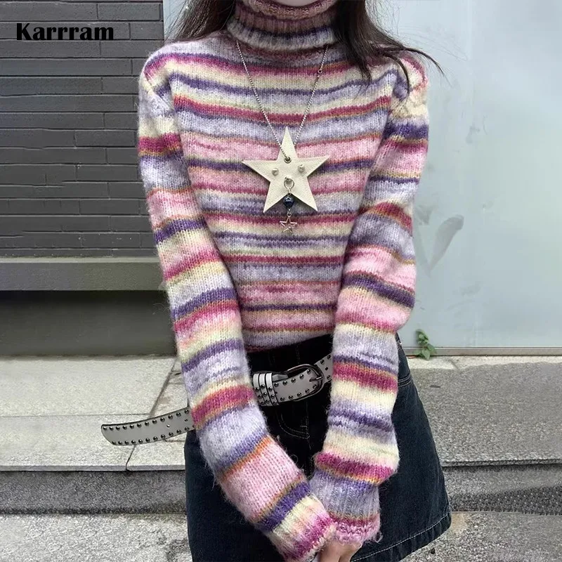 Karrram-suéter de cuello alto japonés Y2k, jersey Vintage a rayas de arcoíris, Jersey de punto de moda coreana, prendas de punto Grunge Harajuku