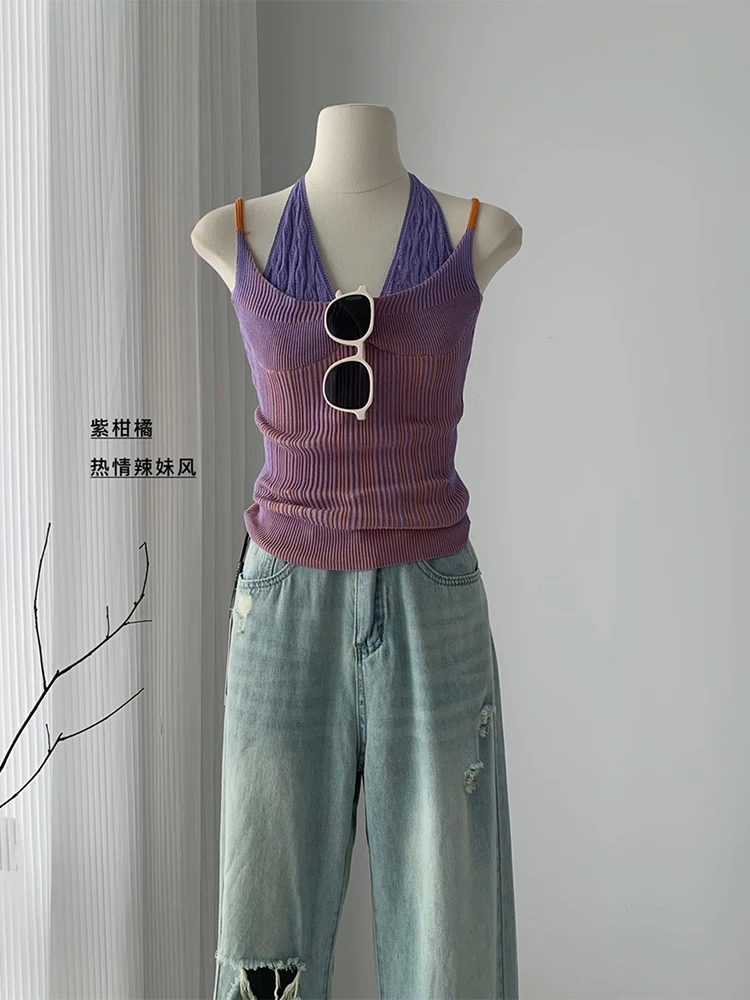 Women Simple Solid Knit Crop Top Vintage Summer Basic Sleeveless Camisole Fashion Bandage Vest Streetwear Casual Off Shoulder