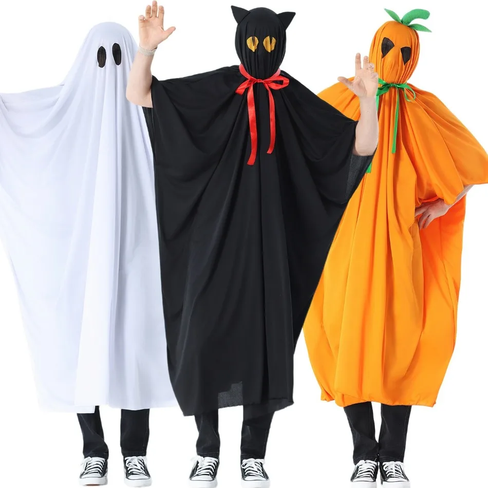 Children and Adult Halloween Ghost Pumpkin Black Cat Cloak Cape Mens Funny Spooky Cosplay Costume Fancy Dress Party Outfit PS66