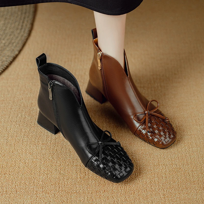 

Genuine Leather Cowhide Woven Square Toe Women's Ankle boots Butterfly Knot Rope High Heels Fashion Women Boots Elegant Pumps