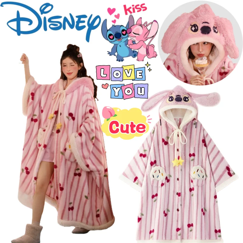 

Stitch Angel Nightgown Creative High-value Anime Cartoon Printed Girl's Sweet Thickened Coral Fleece Warm Home Clothes Poncho