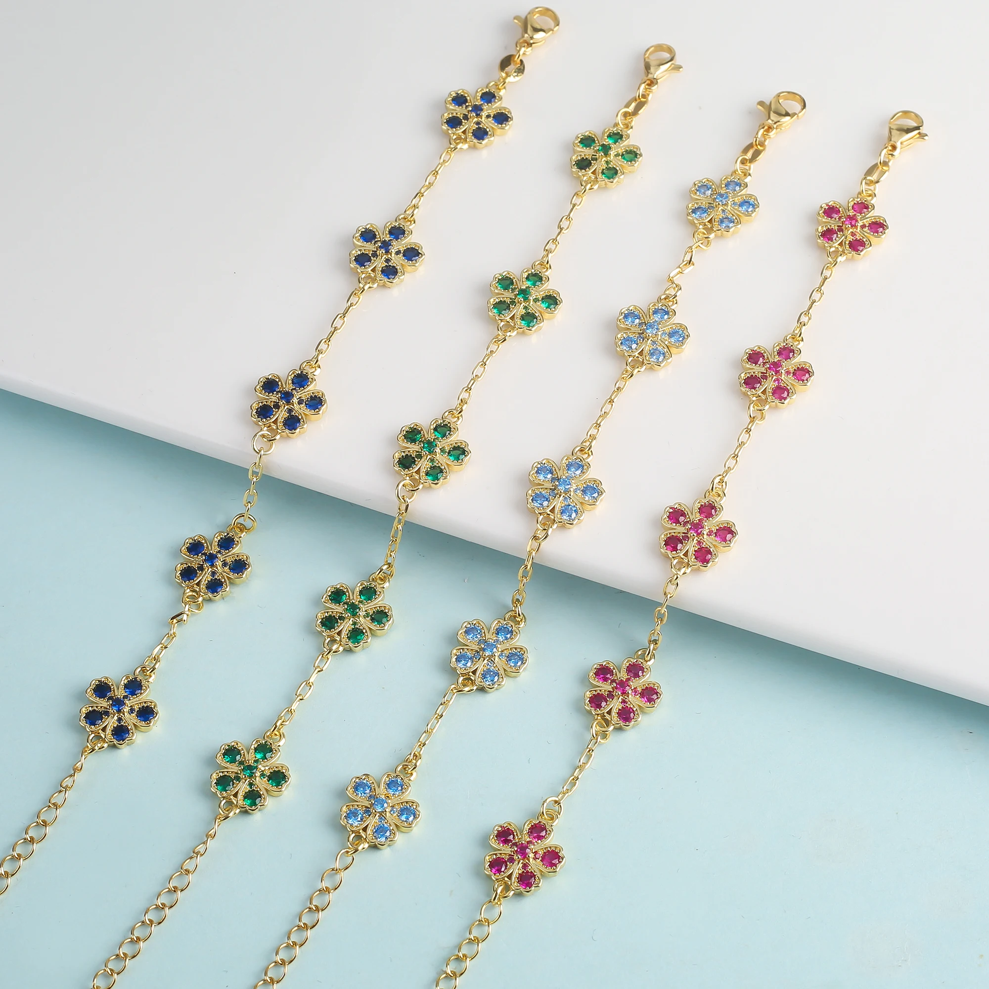 Crystal Zircon Five Leaf Flower Stamen Plum Blossom Set Bracelet Necklace Earring Cute Women's 18K Gold Plated Jewelry Clover