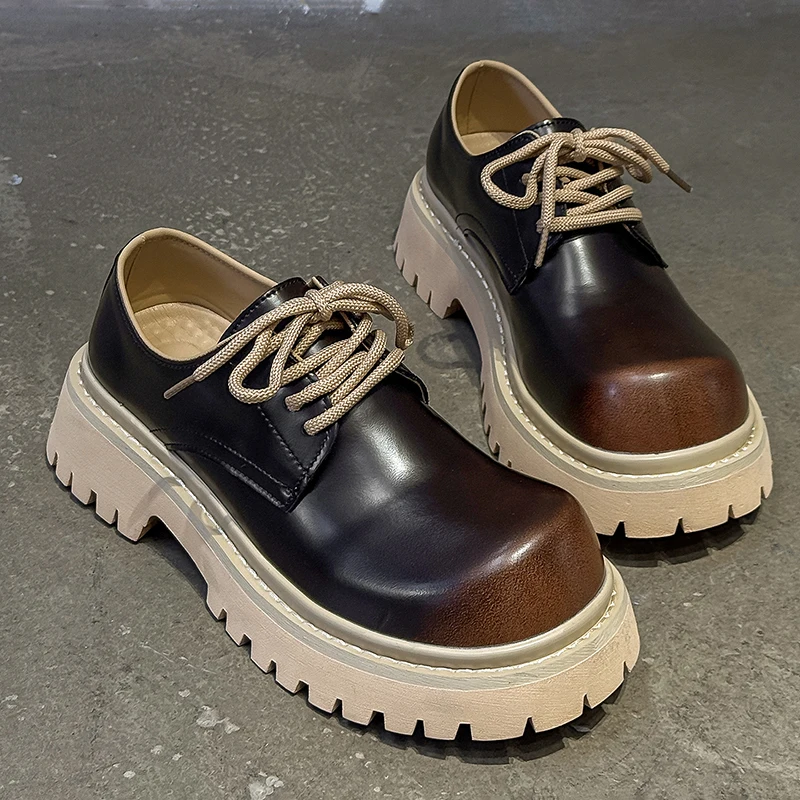 Men Height-increasing Large-brimmed Derby Shoes Brand Casual Lace-up Thick-soled Durable Busines Leather Shoes Music Party Shoes