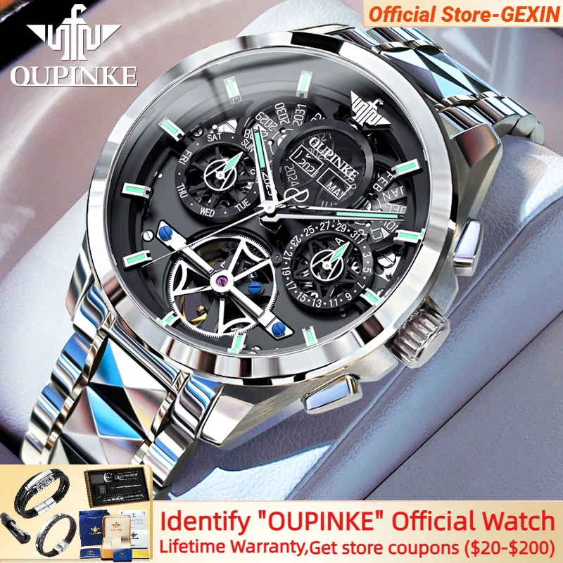 

OUPINKE 3233 Men's Automatic Mechanical Watch Multifunctional Calendar Tungsten steel Strap Skeleton Men's Watch