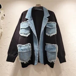 Women Denim Spliced Suit Coat Knitted Cardigan Pockets Contrast Color Jeans Blazers Coat Long Sleeve Autumn Sweater Coat Tops