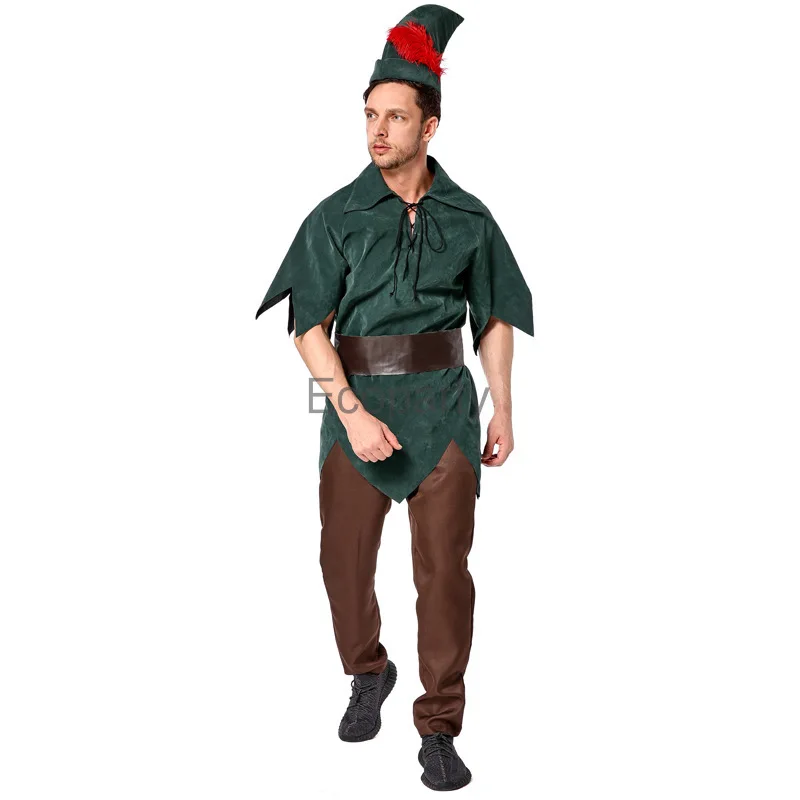 Men Halloween Christmas Pan Elf Cosplay Costume Adult Short Sleeve Felt Tops Pants With Hat Carnival Theme Party Dress Up Outfit