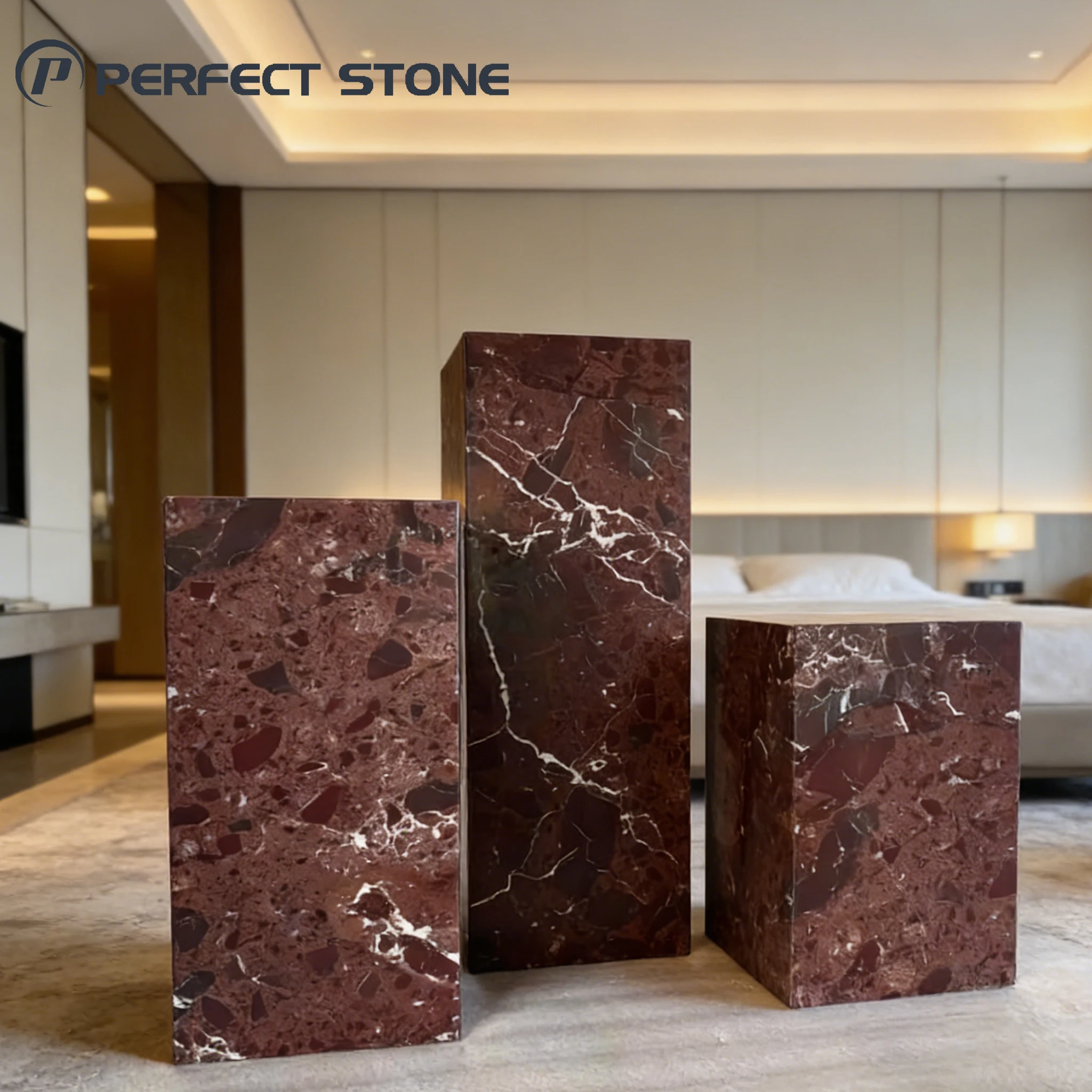 Living Room Modern Design Polished Red Marble Plinths Table Base Side Table Luxury Hotel Villa Apartment Projects Graphic Design