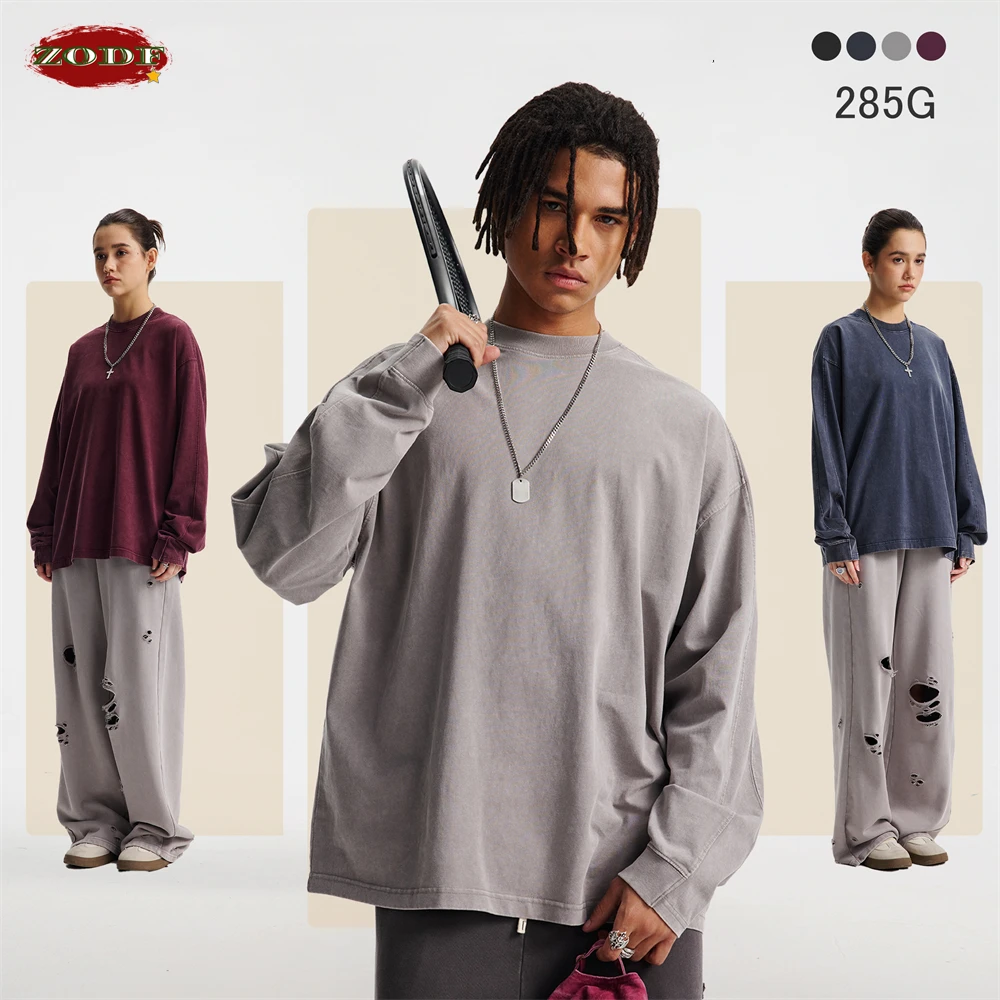 ZODF ريترو 285gsm الباتيك غسلها القطن رجل تي شيرت للجنسين الصلبة فضفاض المتعثرة المرقعة كم كامل تي شيرت بلايز HY1161