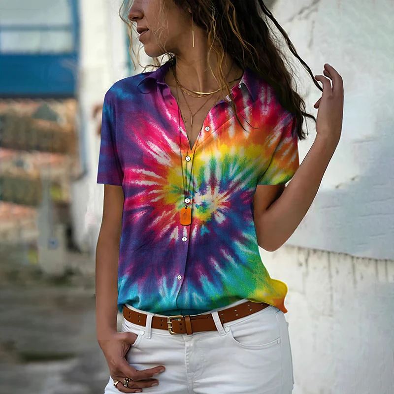 Women Shirts Colorful Abstract Tie Dye 3D Print Blouses Woman Short Sleeve Harajuku Tops Fashion Girls Oversized Hawaiian Shirt