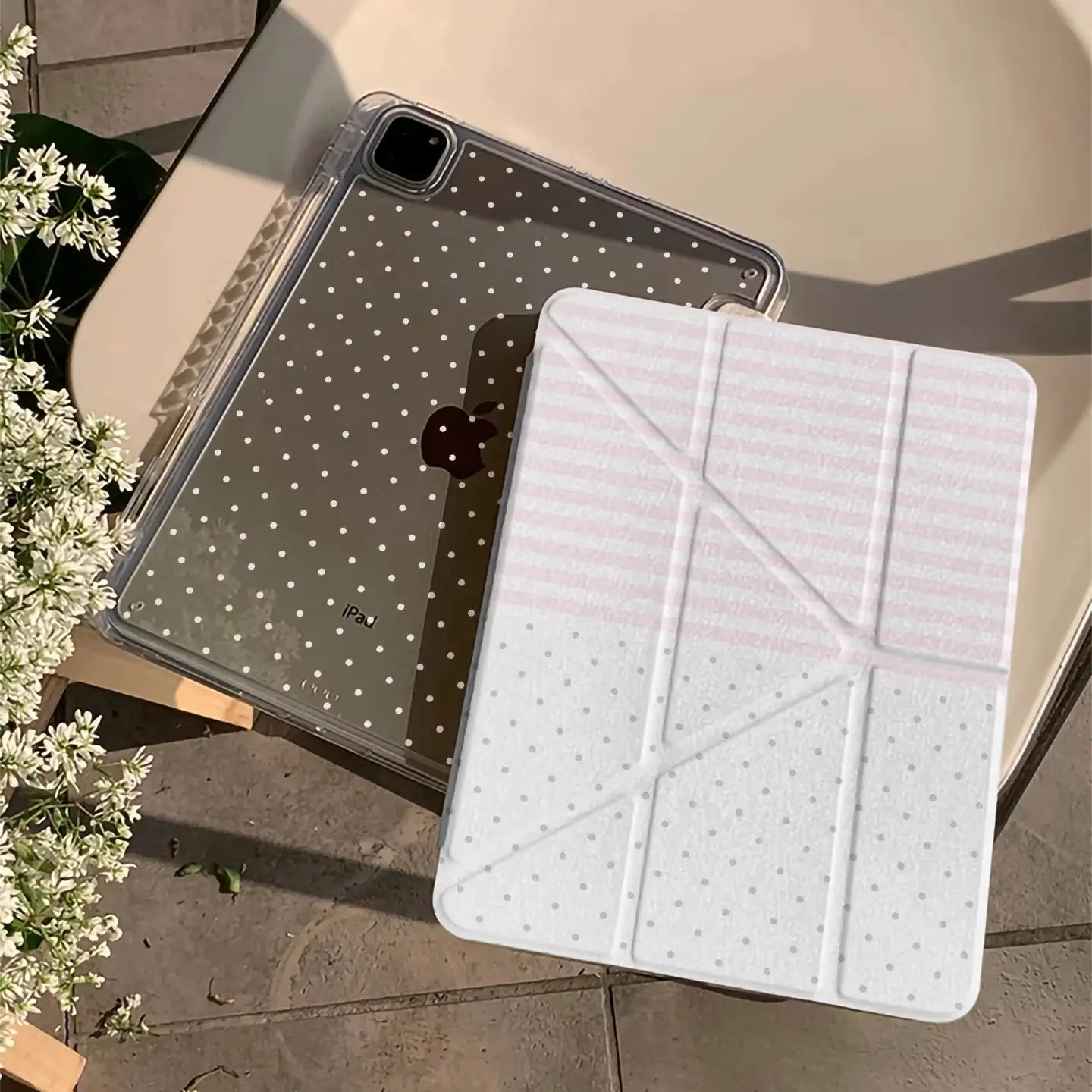 Cute Pink Polka Dot Stripes Tablet Case For iPad Pro 11 12.9 13 A16 M2 M4 M3 M5 Shell 5/6/7/8/9/10/11th Mini Air 3 4 5 6 7 Cover