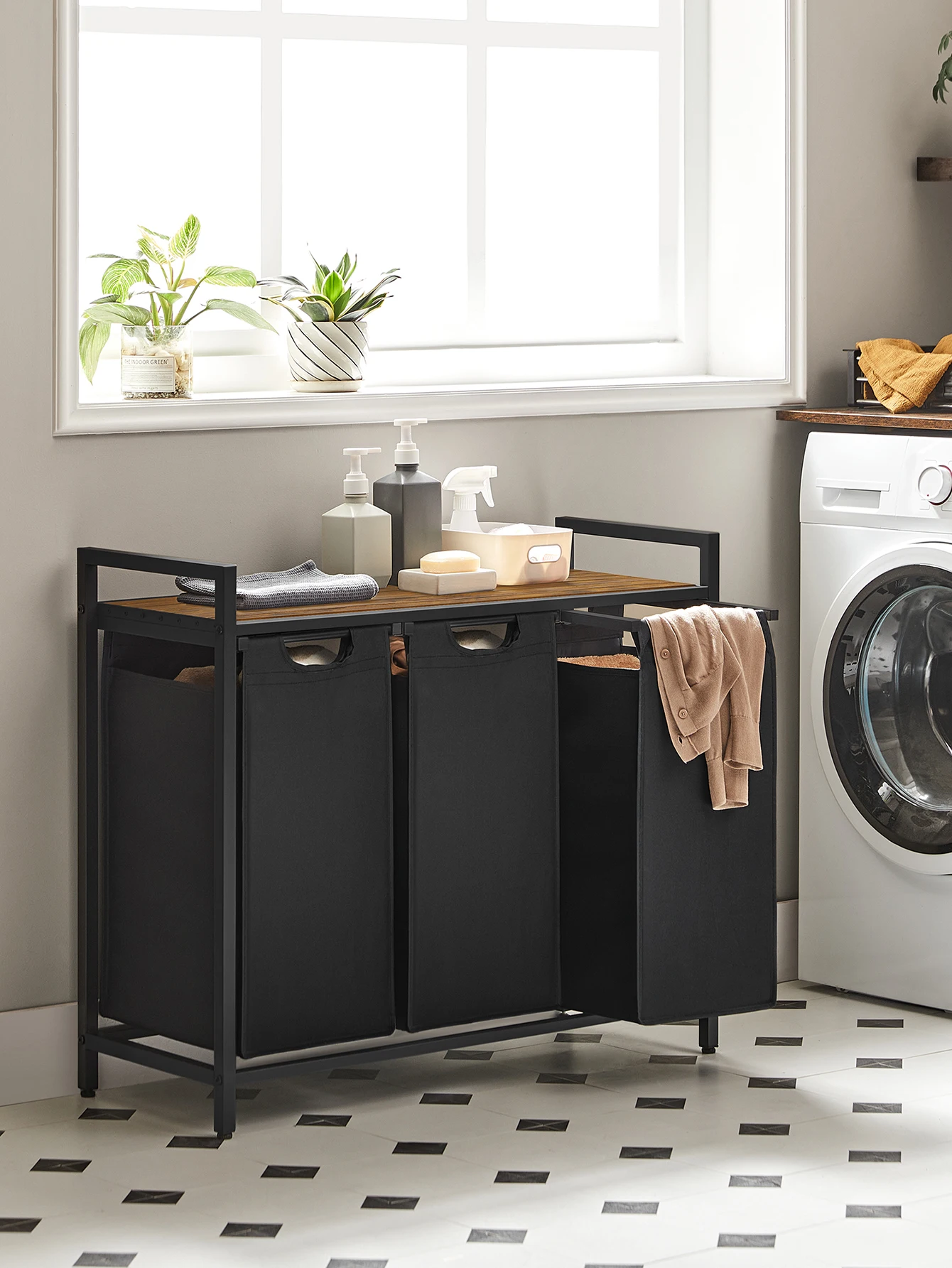 3 Bag Laundry Hamper Industrial Rustic Brown Wood Top Laundry Sorter Unit With Pull Out Removable Black Fabric Bags Metal Frame Shelf For Laundry Room Bathroom Housewarming Gift