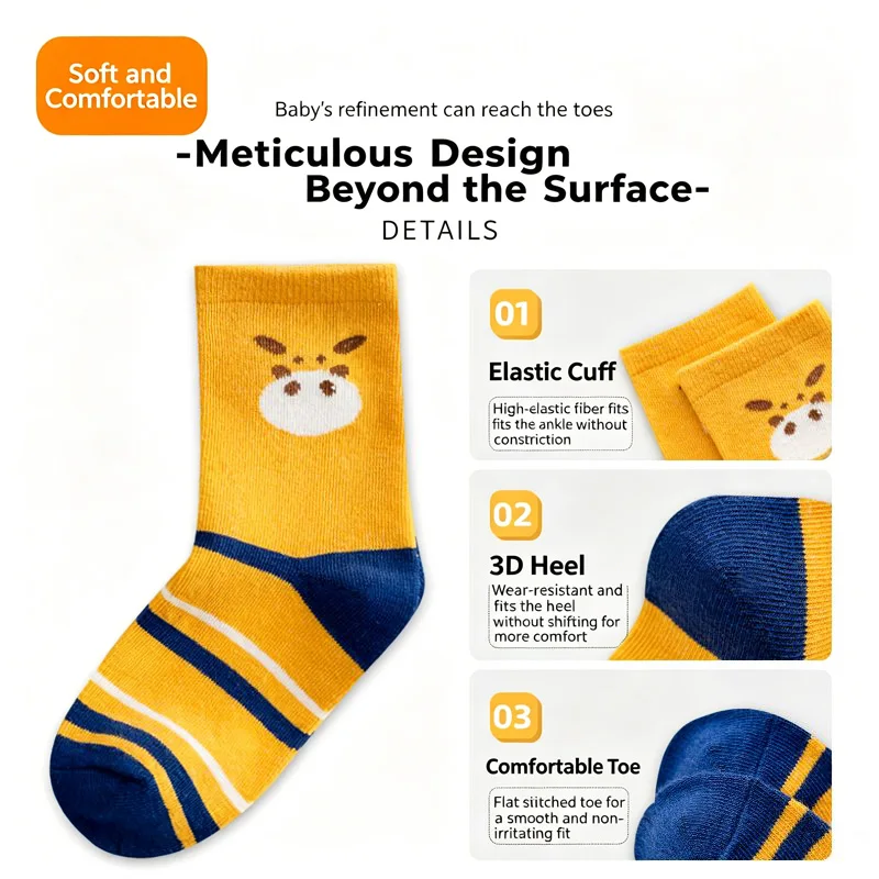 5 Paar flach gestrickte Kindersocken mit niedlichem Giraffen-Cartoon-Motiv, weiche, atmungsaktive Socken für Kleinkinder, Jungen und Mädchen, geeignet für alle Jahreszeiten. – Detail 5