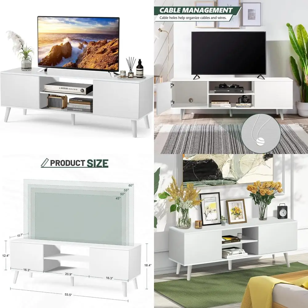 Modern White Wooden TV Stand for 55-60 Inch TVs, Storage Entertainment Center for Bedrooms and Offices