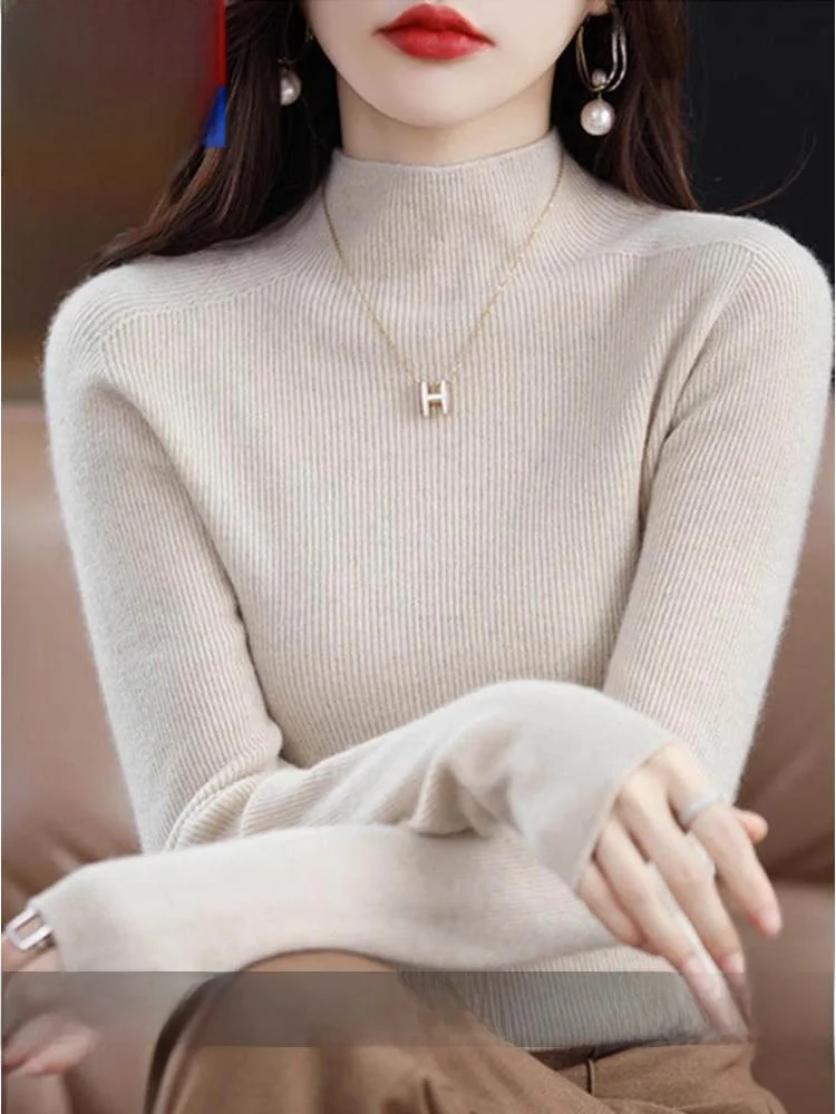 Thiened suéter de malha de lã feminino fino ajuste f gola alta outono inverno quente cor pura camere mistura base irt