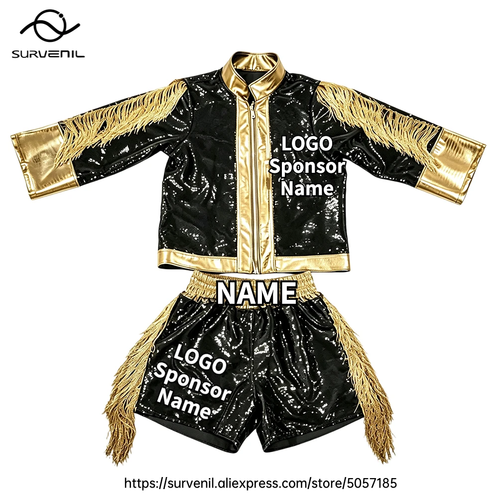 Personalized Boxing Entrance Costume Black Sparkle Sequin Walkout Jacket and Shorts Martial Arts MMA Muay Thai Fight Ring Attire