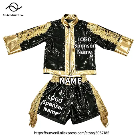 Personalized Boxing Entrance Costume Black Sparkle Sequin Walkout Jacket and Shorts Martial Arts MMA Muay Thai Fight Ring Attire