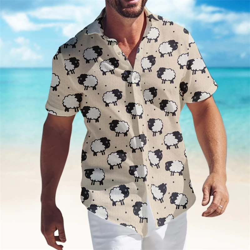 

Sheep Farm Graphic Shirts For Men Clothes Casual Vacation Lapel Blouse Funny Animal Mutton Beach Shirt Alpaca Women Short Sleeve