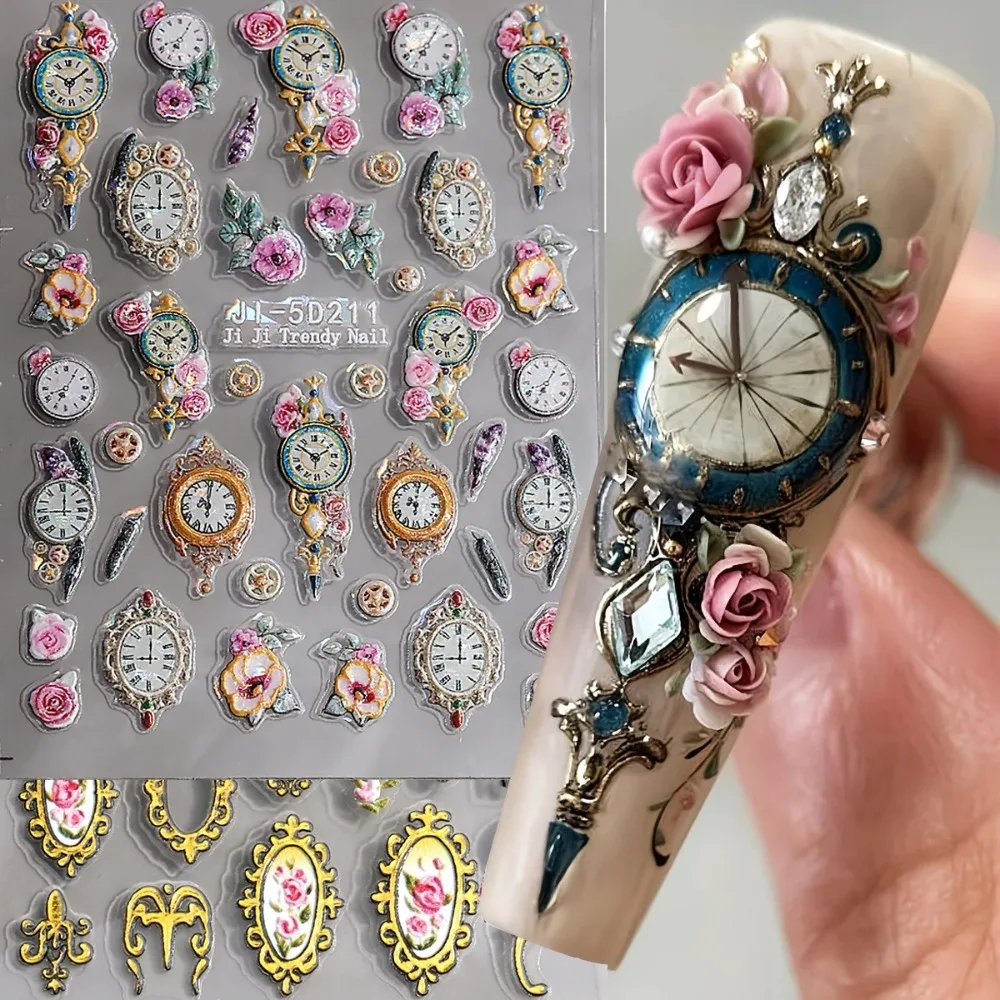 5D Embossed Clock Nail Art Stickers, Shiny Laser Flowers Clock Rose Florals Leaves Petal Self-Adhesive Nail Decals, Retro Chines