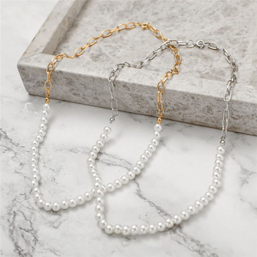 

Popular Simple Pearl Chain Splicing Necklace High Quality Copper Plating Gold Choker for Women Fashion Jewelry Party Gift