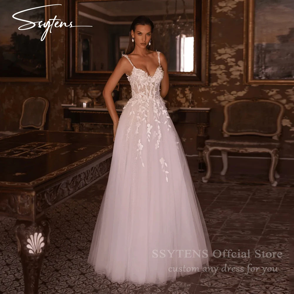 

SSYTENS A Line Tulle Wedding Dresses 2026 Floral Appliques Brides Dress Spaghetti Straps Illusion Boho Bridal Gowns Customized