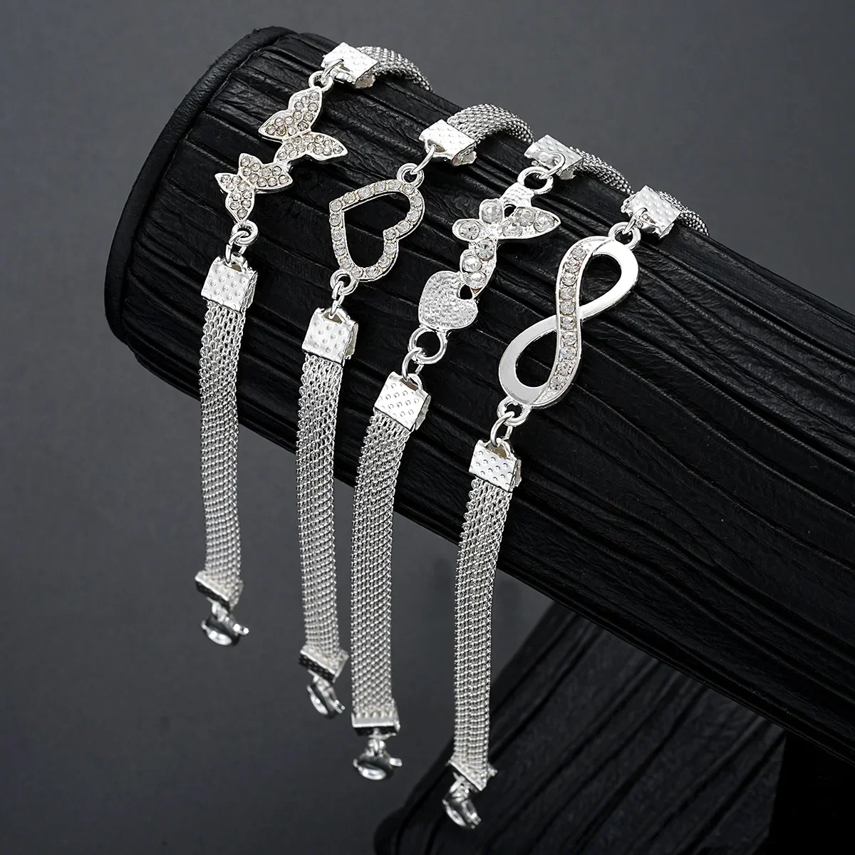 Delicate Pave Crystal Mesh Anklet Set for Women Hollow Heart Butterfly Infinity Design Polished Plated Foot Jewelry Accessory