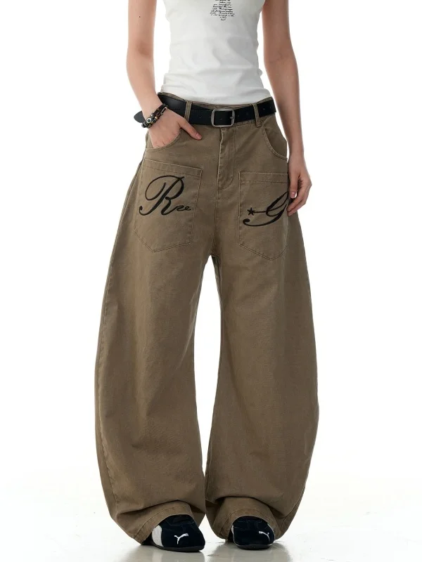 

Retro American Embroidery High Street Waed Workwear Knife Pants ex Oversize Casual Straight Leg Wide Leg Pants