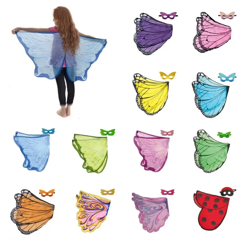 

Fairy Colorful Butterfly Wings Costume with Eye Mask Cape Angel Spirit Wing Chiffon Halloween Cloak Dress Up Wings Girls