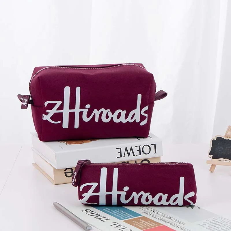 2pcs Cotton Canvas Storage Set Large Makeup Bag and Pencil Case Organizer Travel Toiletry Pouch School Stationery Pouch