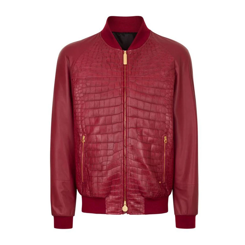 High quality Cowhide embossing dark red men\'s jacket British fashion genuine leather standing collar short jacket for men