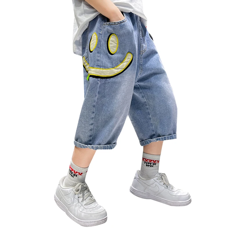 

Kids Luxury Clothing Smile Face Print Jeans Capris Shorts for Tween Boys Casual Summer Denim Shorts Age 5 7 9 11 13 14 Years Old