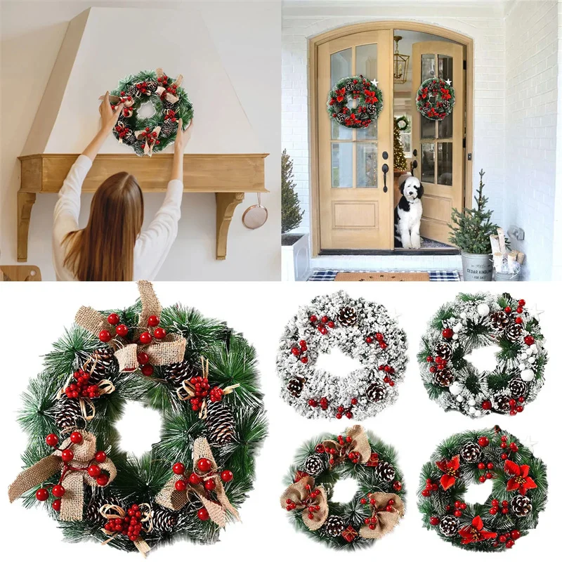 Corona navideña de 30cm para puerta delantera, corona navideña para puerta, adornos de cono de pino, guirnalda para pared de ventana, decoración navideña para interiores y exteriores
