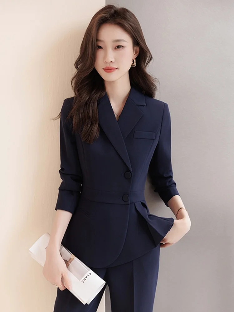 

Cobalt Blue Professional Women's Suit Set Commute Style Autumn Winter Fashion Hotel Front Desk Sales Work Uniform