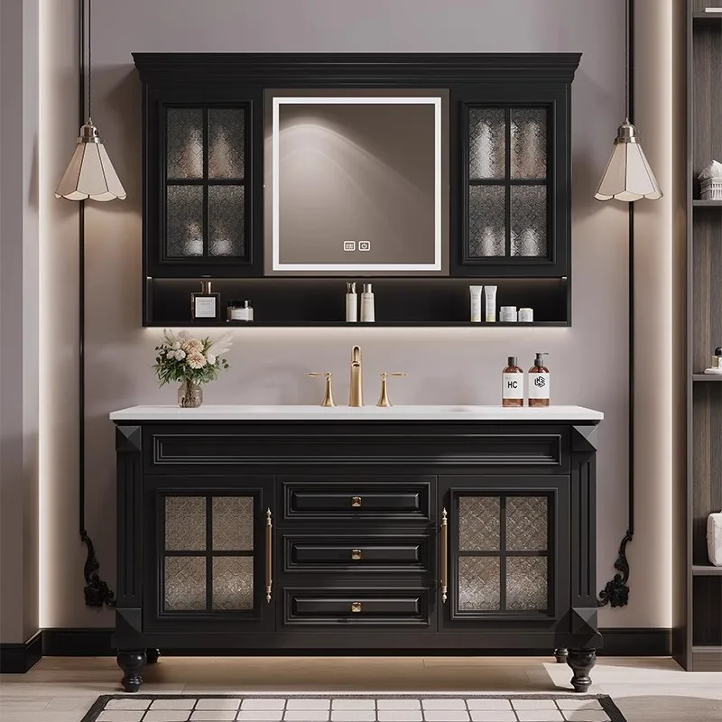 Rock slab hot bending integrated basin bathroom cabinet combination French retro floor-to-ceiling bathroom luxury stone washing